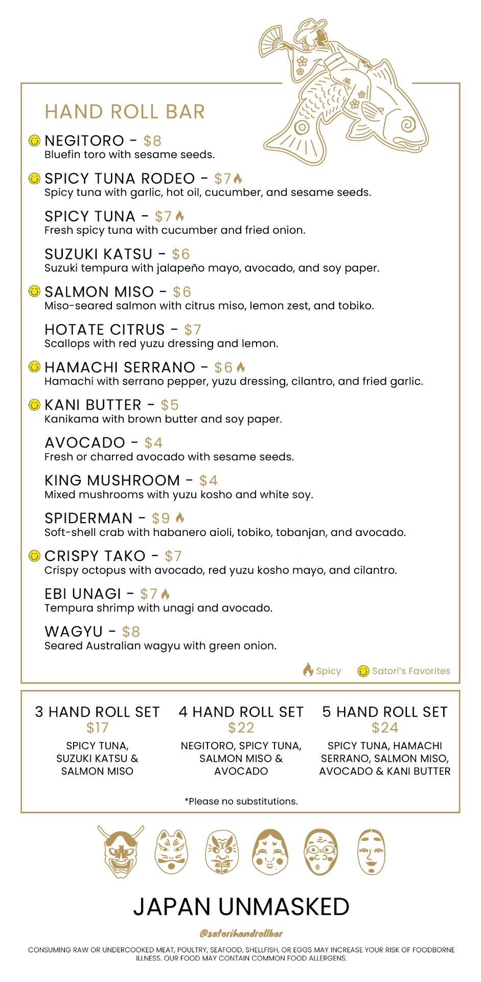 Satori food menu page 2 — hand rolls and hand roll sets