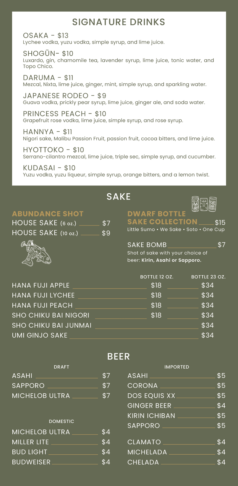 Satori drinks menu page 1 — signature drinks, sake, and beer