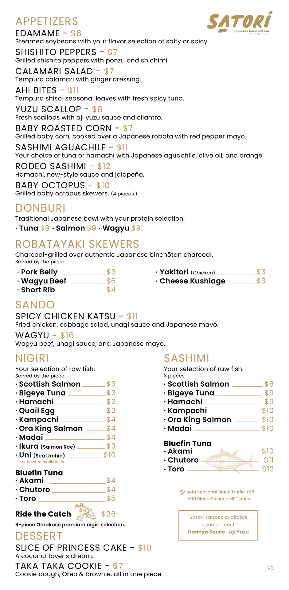 Satori food menu page 1 — appetizers, donburi, robatayaki, nigiri, sashimi, and dessert