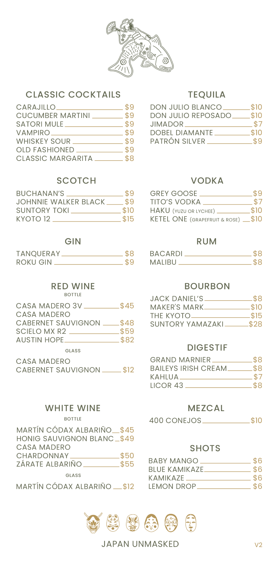 Satori drinks menu page 2 — classic cocktails, spirits, wine, and shots
